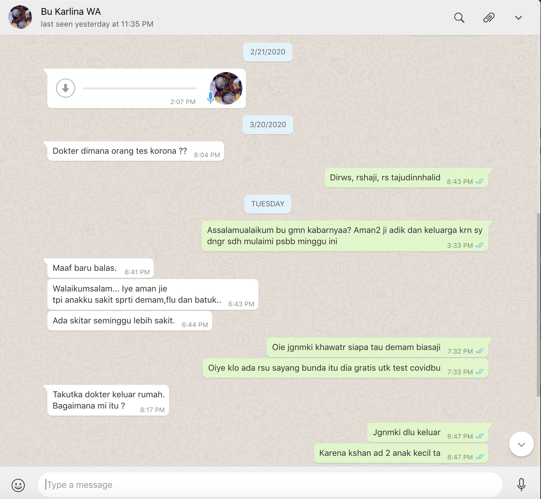 Follow Up Ibu Karlina dengan adanya Covid-19